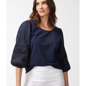 Chico's Blouse Women Size 3/US XL Navy Blue Embroidered Eyelet Balloon SleeveTop